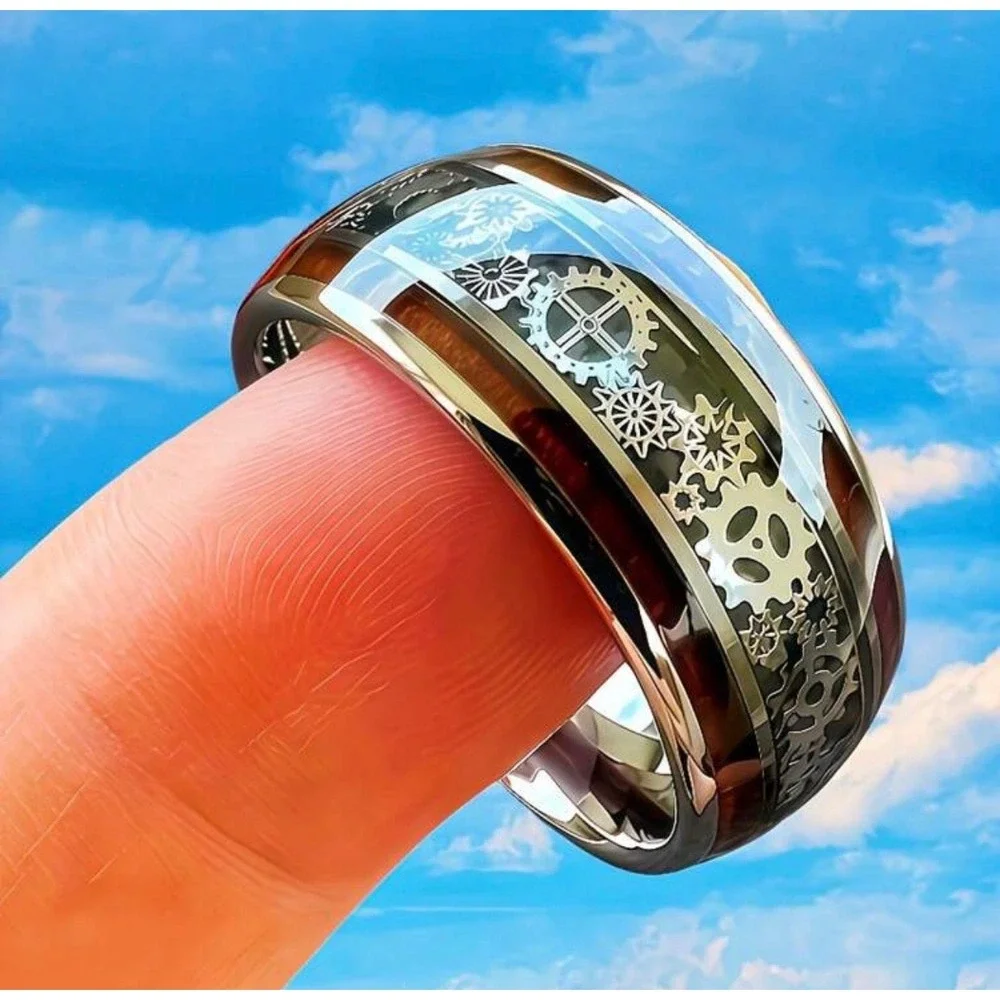 Steampunk Gear Inlay Band Ring Silver Tone Industrial‎ Mechanical Clockwork Ring